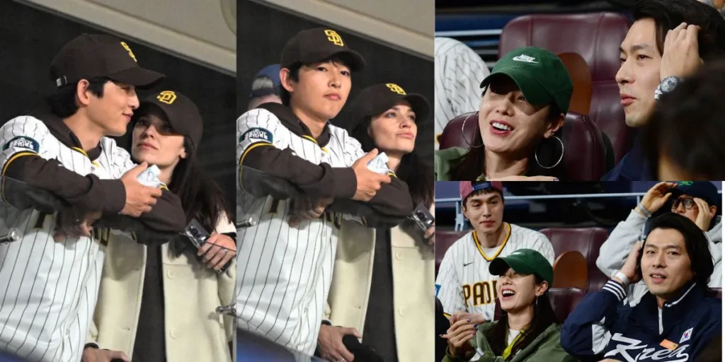 Song Joong Ki and Katy Louise Saunders and Son Yejin and Hyunbin at MLB Seoul Series Game 2