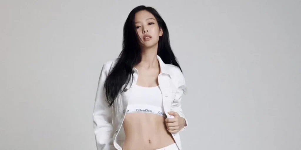 Jennie in a photo for Calvin Klein summer campaign featuring monochromatic summer collection