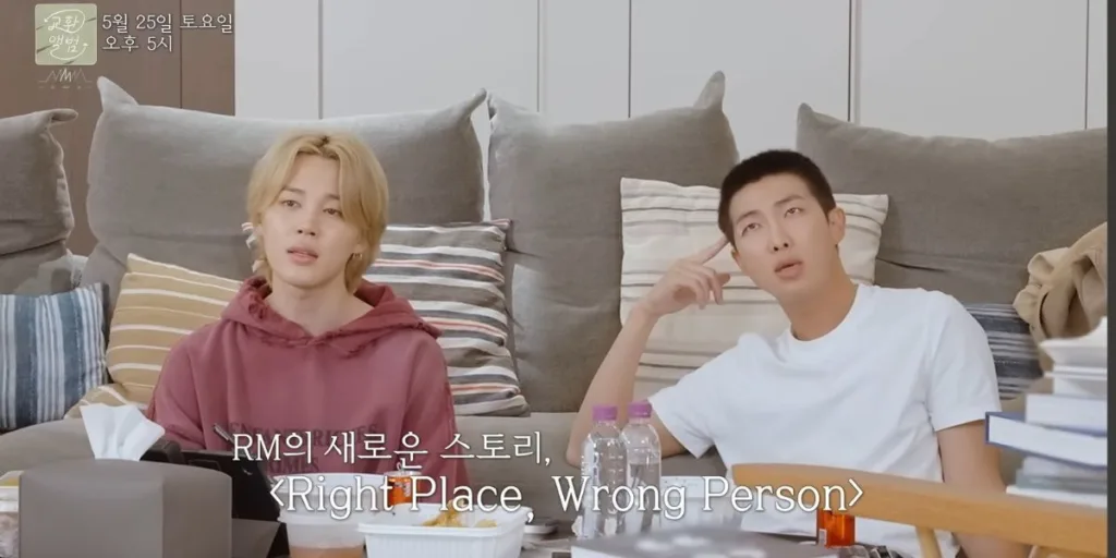 Jimin and RM in a lounge listening to right place, wrong person