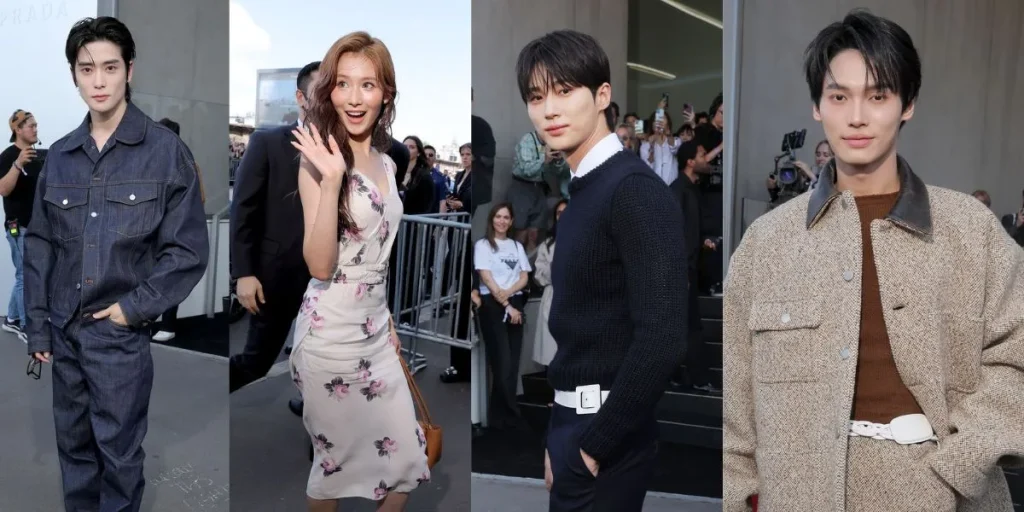 Jaehyun, Sana, Byeon Woo Seok, and Win Metawin at Prada SS25 show in Milan