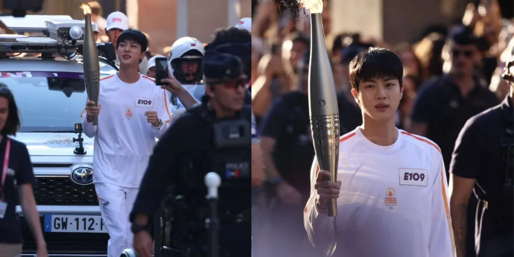 BTS Jin carrying the torch at Paris Olympics 2024