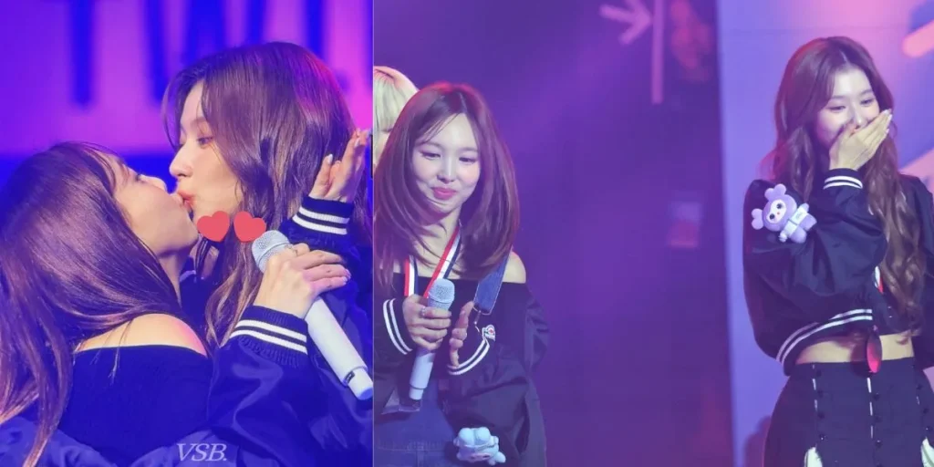 Sana and Nayeon kissing on TWICE's 9th Debut Anniversary Fanmeeting