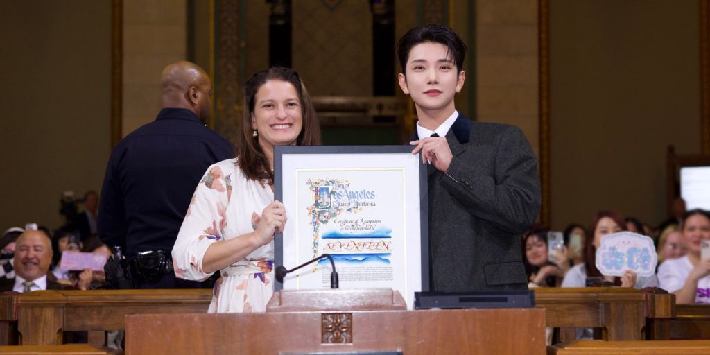 SEVENTEEN Joshua receiving Certificate of Appreciation from LA City Council