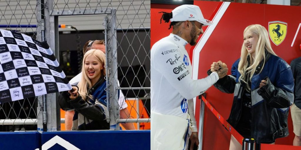 BLACKPINK's Rosé waving checkered flag at F1 Miami Grand Prix