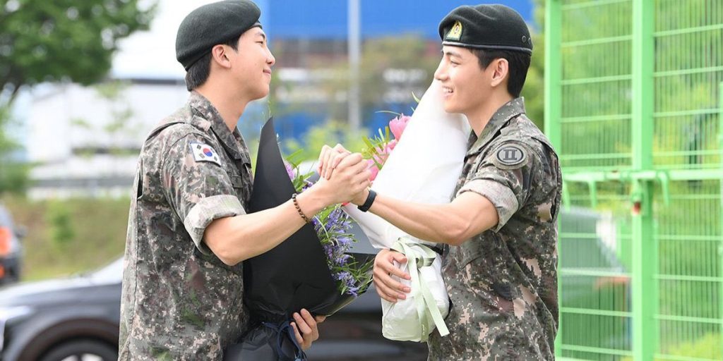BTS V and RM greeting at the Sports Park in Chuncheon after discharging from the military on June 10, 2025
