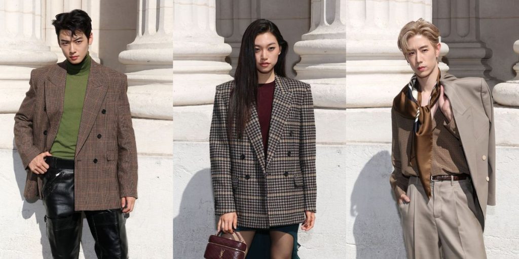 Cha Eunwoo, Kim Doyeon, and Mark Tuan at Saint Laurent SS26 Show in Paris