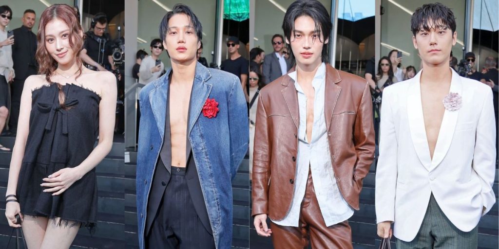 TWICE's Sana, EXO's Kai, Win Metawin, and Lee Do Hyun at Prada SS26 show in Milan on June 22, 2025