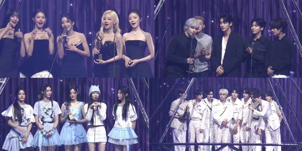 idle, TXT, ILLIT, and ZEROBASEONE accepting awards at Seoul Music Awards 2025