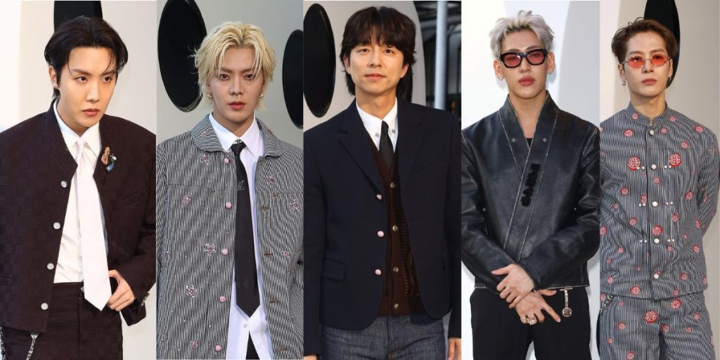 j-hope, Yuta, Gong Yoo, BamBam, and Jackson Wang at the Louis Vuitton SS26 show in Paris