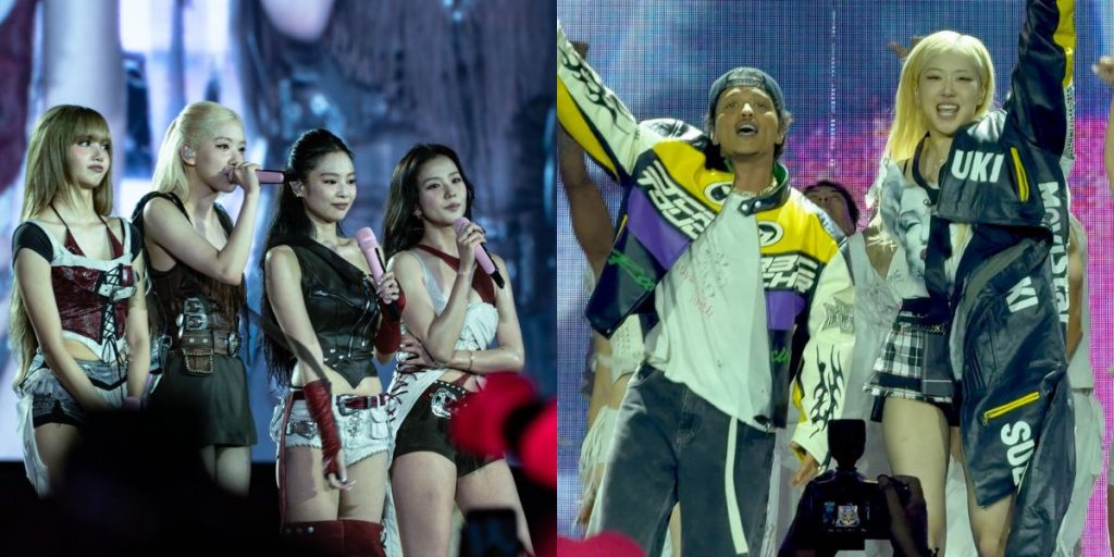 BLACKPINK during Deadline La Shows and Rose and Bruno mars performing APT.