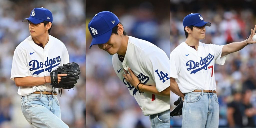 BTS V throwing first pitch at LA Dodgers vs Cincinnati Red game