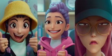 Zoey, Rumi, and Mira from KPop Demon Hunters group, HUNTRX