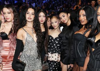 KATSEYE with Ariana Grande at 2025 MTV VMAs