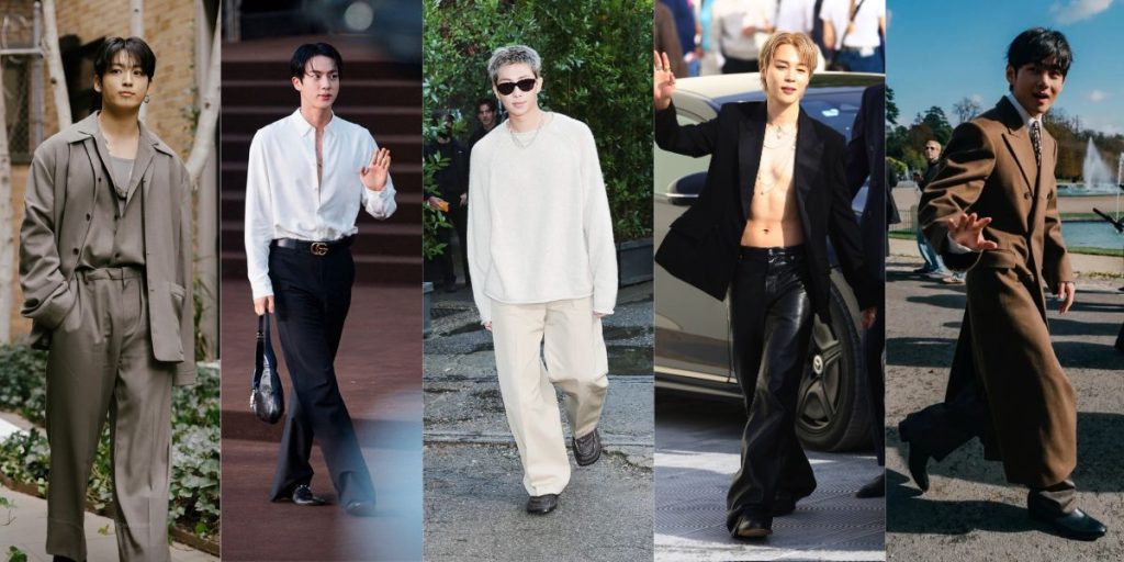 BTS members Jungkook, Jin, RM, Jimin ,and V Fashion Week appearances