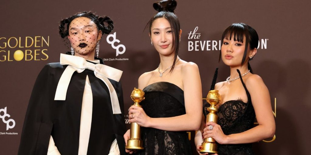 AUDREY NUNA, EJAE, and REI AMI celebrating 2 Golden Globes wins for KPop Demon Hunters