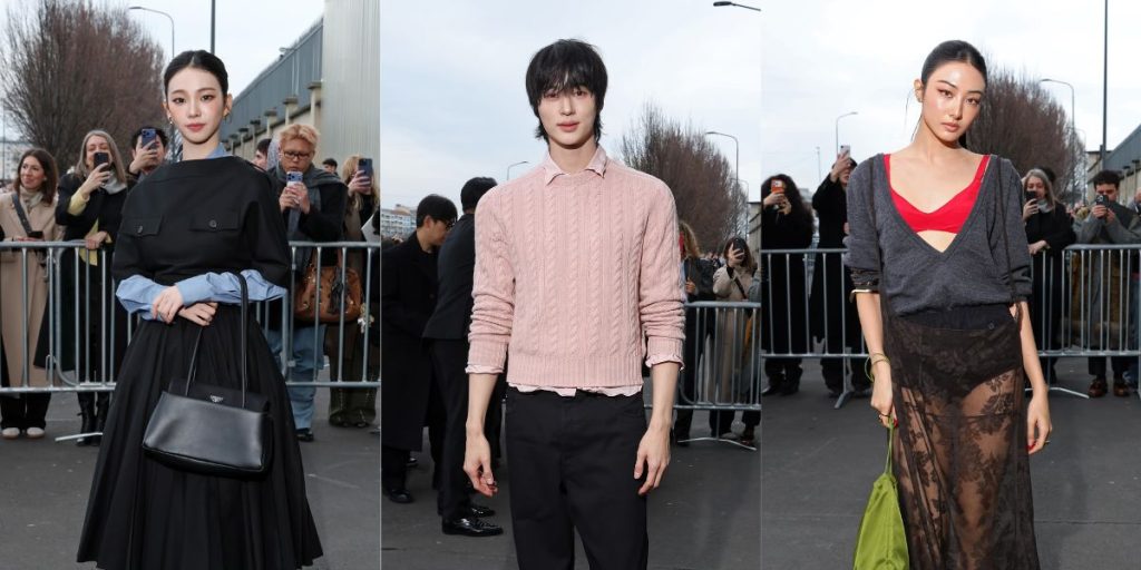 Karina, Byeon Woo Seok, and Gawon of MEOVV at Prada Men's FW2026 show in Milan